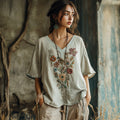 Women's Floral Embroidery V Neck Casual Linen Top elevenforest