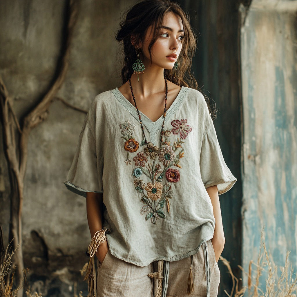 Women's Floral Embroidery V Neck Casual Linen Top elevenforest