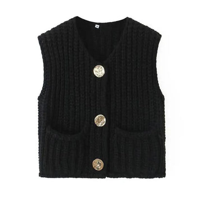Large Buttons Color Knit Vest Cardigan