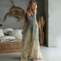 Vintage Marble Texture Collection Retro Bohemia Women Style Gradient Gilded Pattern Linen Suspender Long Dress elevenforest