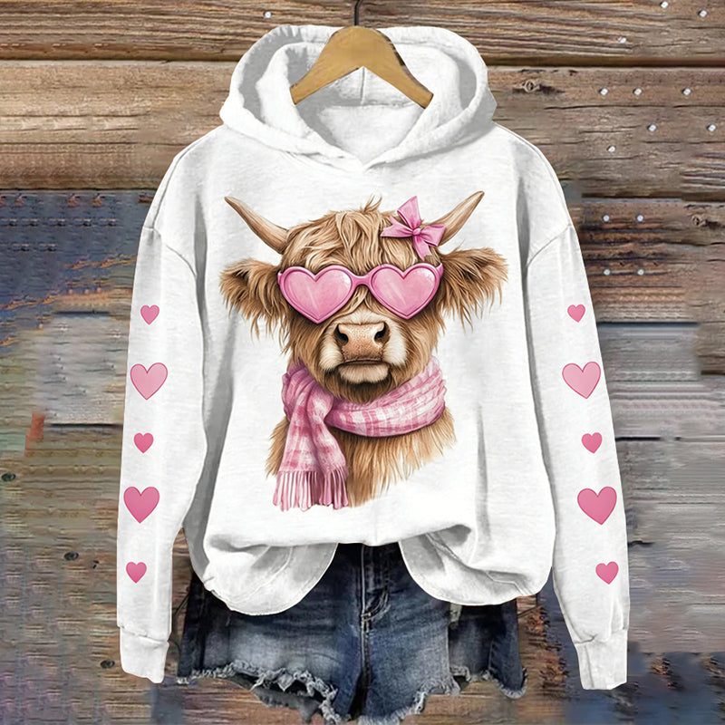 Comstylish Women's Valentine's Day Highland Cow Print Long Sleeve Hoodie