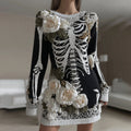 Women's Halloween Skeleton Bones With Rose Art Cozy Knit Sweater Dress elevenforest