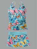 Women's Butterfly V-Neck Print Suspender Skirt Tankini Pantskirt Set Swimsuit
