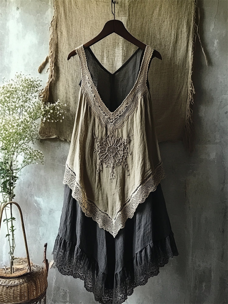 Vintage Boho Flower Lace Hem Linen Tank Dress elevenforest