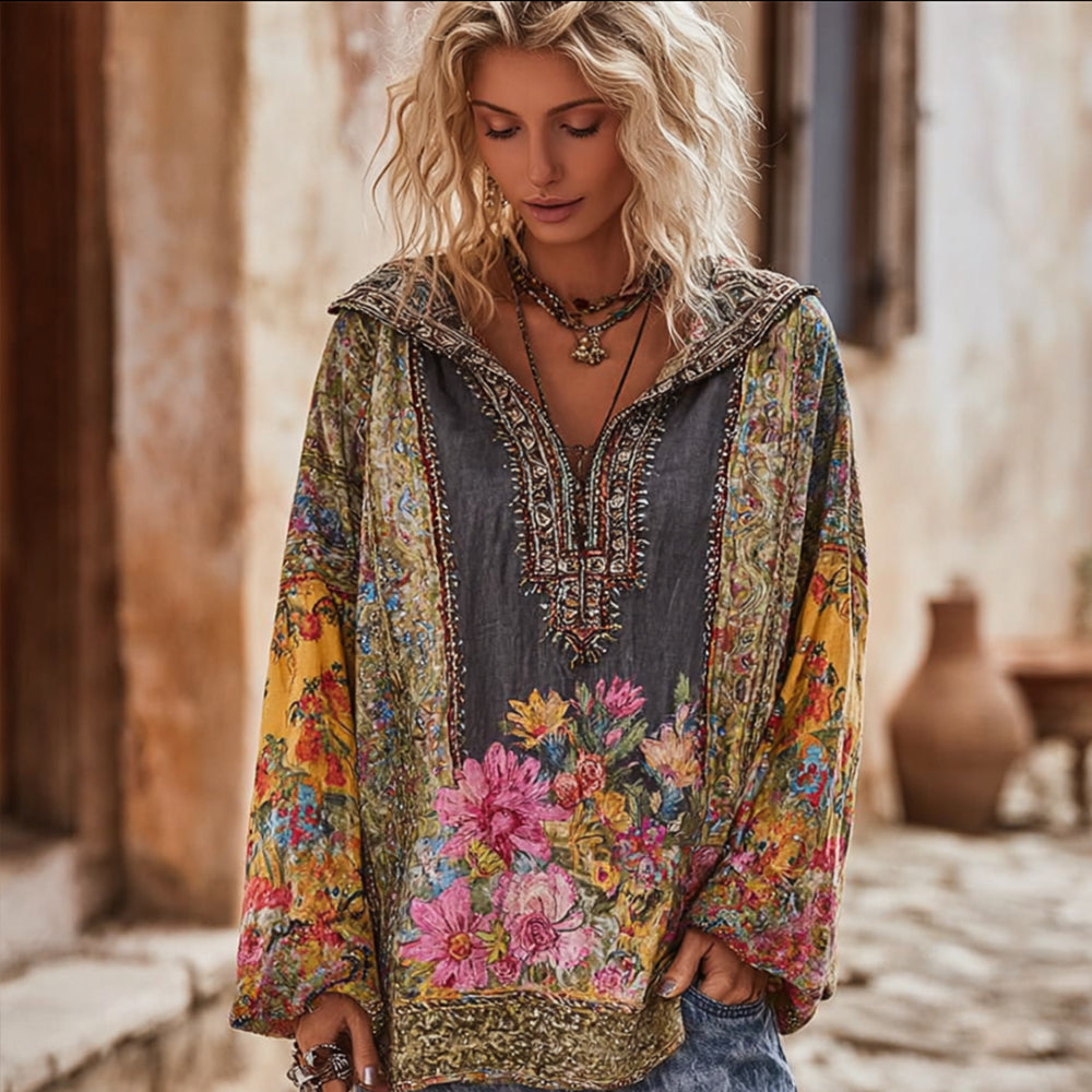 Women's Vintage Ethnic Style Floral Patchwork Hooded Top elevenforest