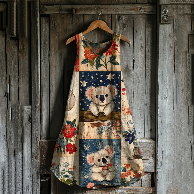 Vintage Loose  Australian Save Koala Protect Koala Cute Koala Patchwork Pattern Art Print Linen Tank Dress elevenforest