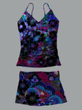 V-Neck Vintage Colorful Abstract Geometric Art Print Suspender Skirt Tankini Pantskirt Set Swimsuit