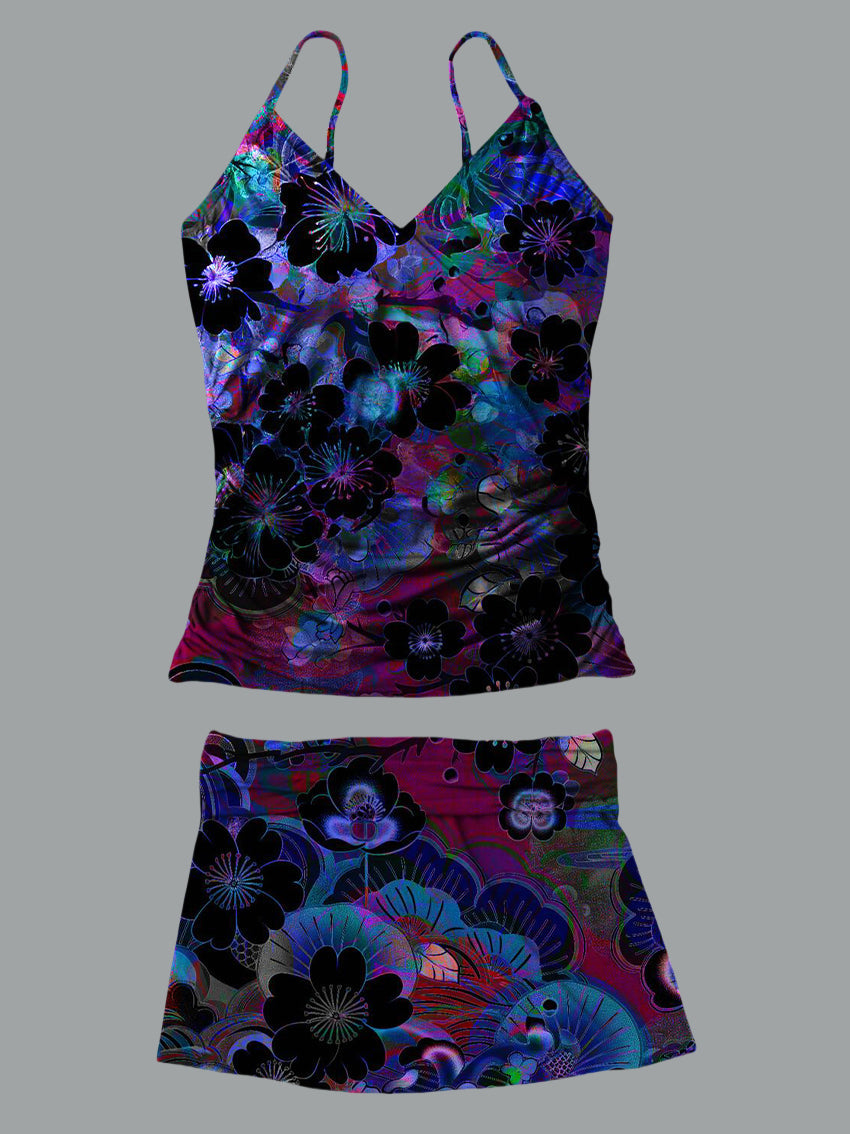 V-Neck Vintage Colorful Abstract Geometric Art Print Suspender Skirt Tankini Pantskirt Set Swimsuit