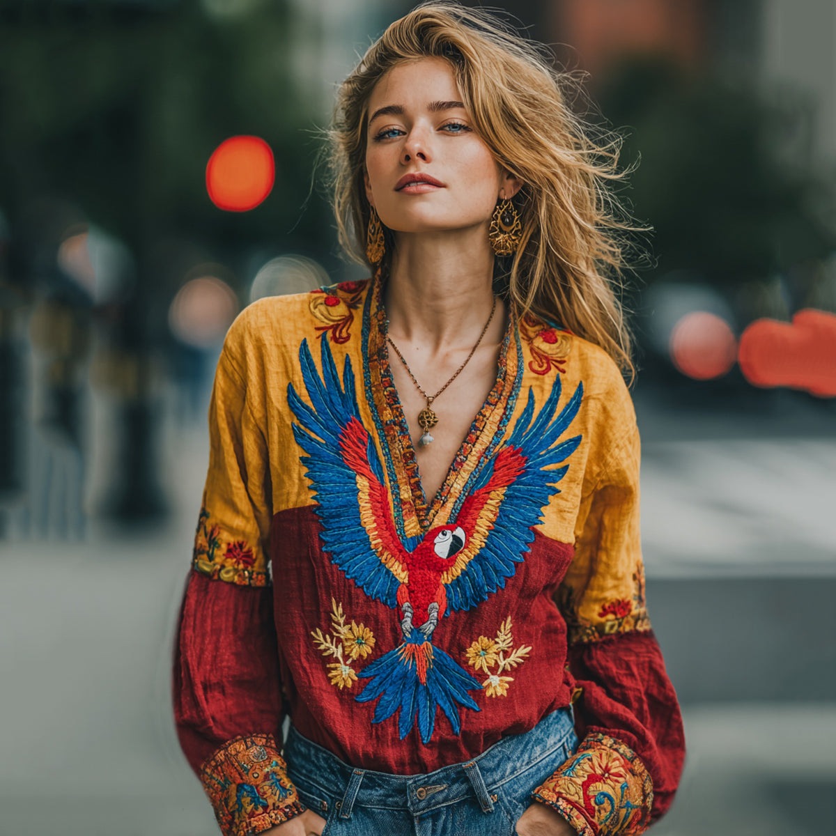 Women's Venezuela Parrot Floral Art V-neck Long Sleeve Tunic elevenforest