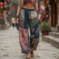 Women's Japanese Sashiko And Floral Pattern Linen Pants elevenforest