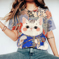Cute Cat In Kimono Floral T-shirt
