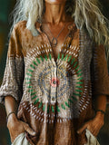 Women's Vintage Bohemian Patchwork Art Print Casual Cotton Linen Shirt
