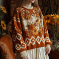 Women's Vintage Halloween Sunflower And Cat Embroidered Sweater elevenforest