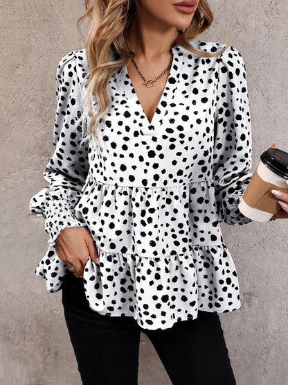 Long Sleeves Loose Elasticity Polka-dot Split-joint V-neck Blouses&shirts Tops