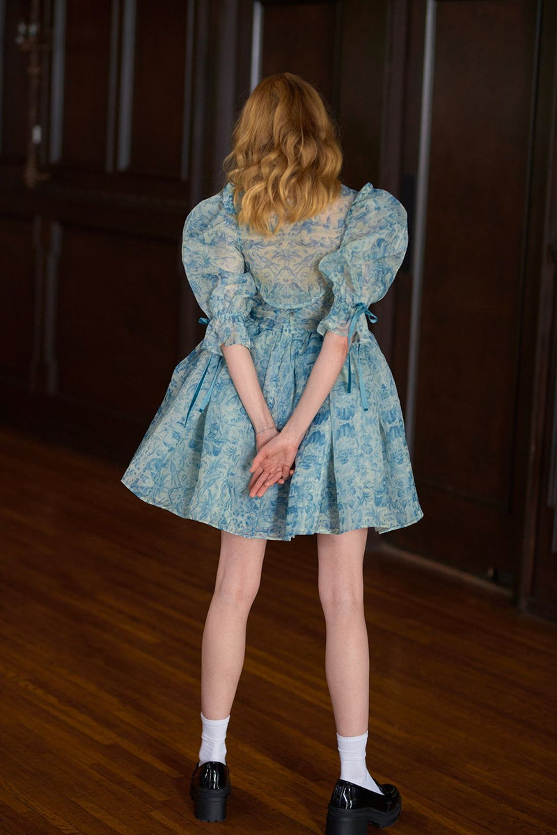 Puff Sleeve Lace Up Doll Collar Mini Dress