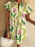 Multicolor Cute Flower Art Print Ruffled Short-sleeved V-neck Buttoned Dress Vacation Beach Dress