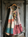 Women's Vintage Tribal Floral Patch Cotton And Linen Dress elevenforest