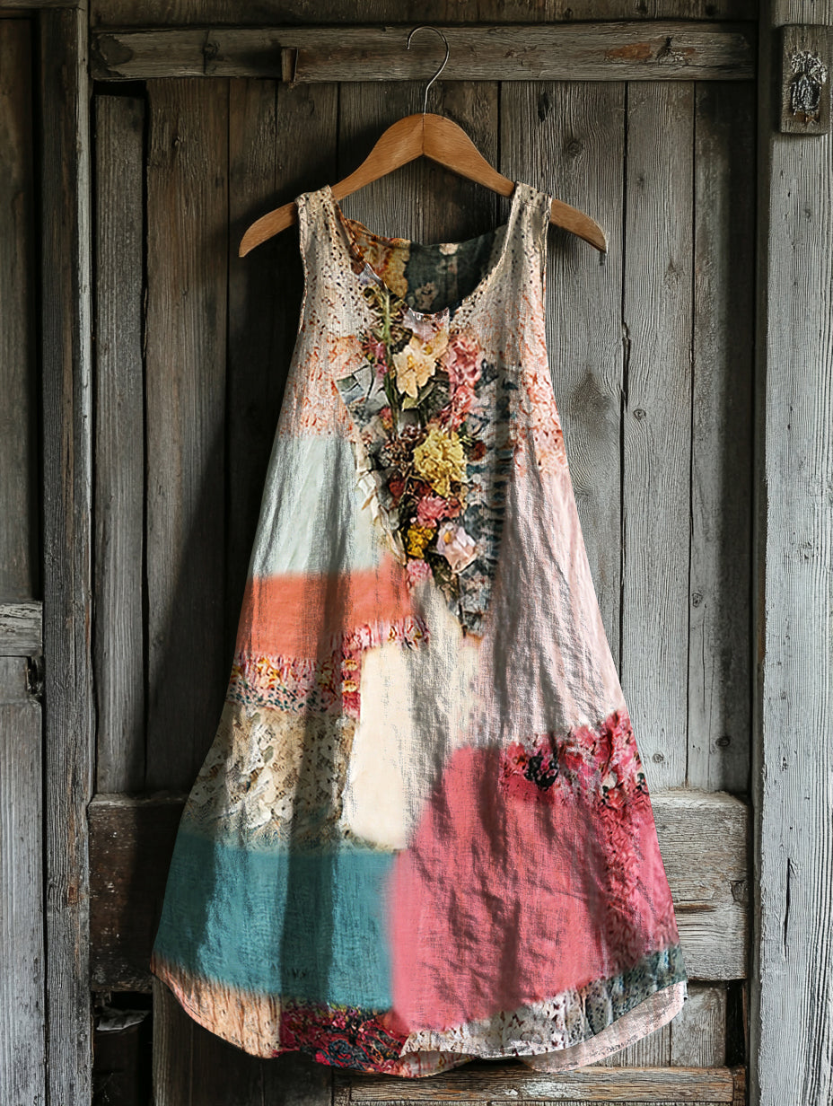 Women's Vintage Tribal Floral Patch Cotton And Linen Dress elevenforest