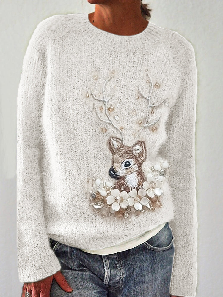 Comstylish Christmas Classy Reindeer Floral Beaded Embroidered Cozy Knit Sweater