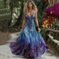 Vintage Purple And Blue Lavender Patchwork And Floral Embroidered Art Linen Suspender Maxi Dress elevenforest