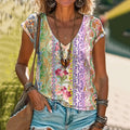 Comstylish Vintage Floral Art Print Comfortable V Neck T-shirt