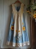 Boho Sunflowers Embroidered Contrast Lace Patchwork Linen Dress elevenforest