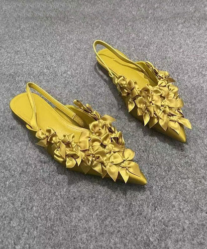 French Yellow Bow Pointed Toe Flat Sandals Kj061