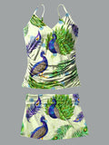 Peacock V-Neck Vintage Flowers Print Suspender Skirt Tankini Pantskirt Set Swimsuit