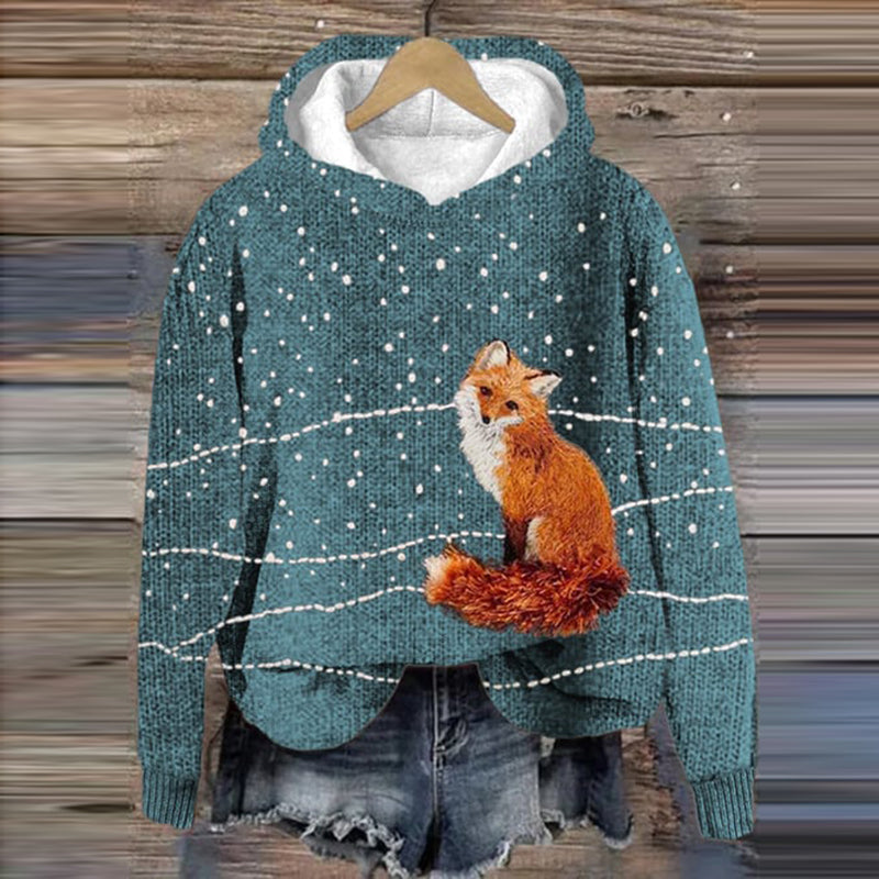 Snow Fox Print Print Cozy Knit Hooded Sweater artswardrobe