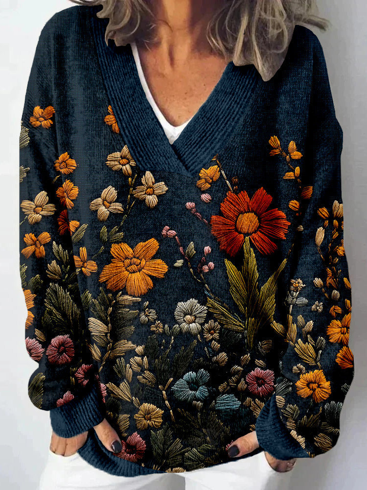 Vintage Fall Crochet Flower Embroidery Cozy Knit Sweater artswardrobe