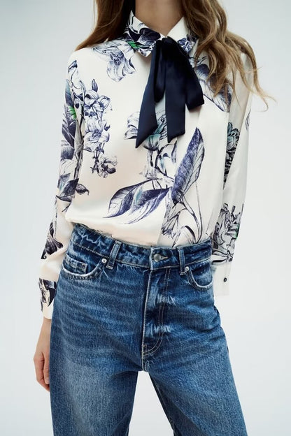 Spring Bowknot Decoration Collared Shirt – Print ’s Blouse