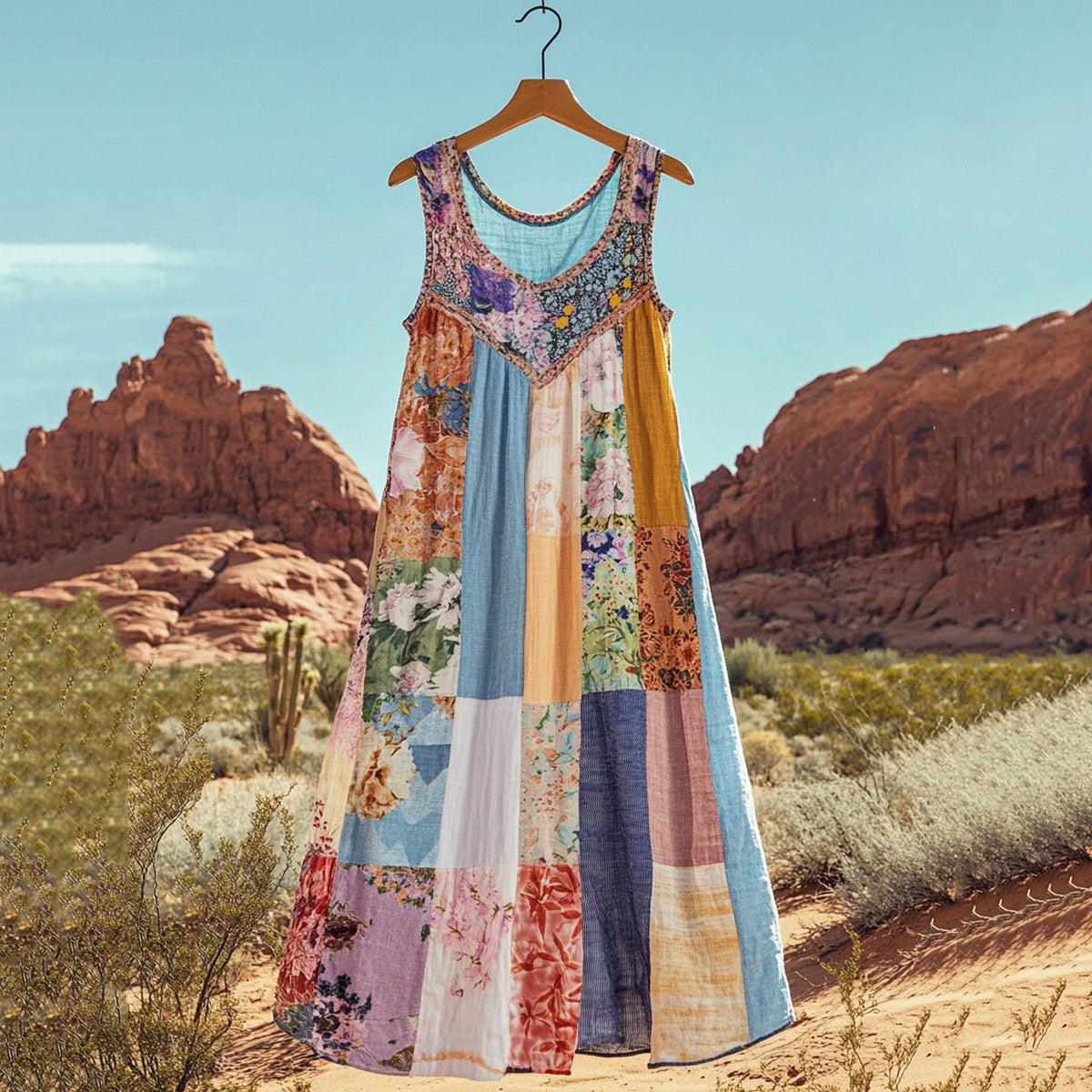 Women's Retro Geometric Floral Linen Tank Dress elevenforest