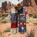 Men's Retro American Flag Independence Day Contrast Patchwork Pattern Art Linen Shirt elevenforest