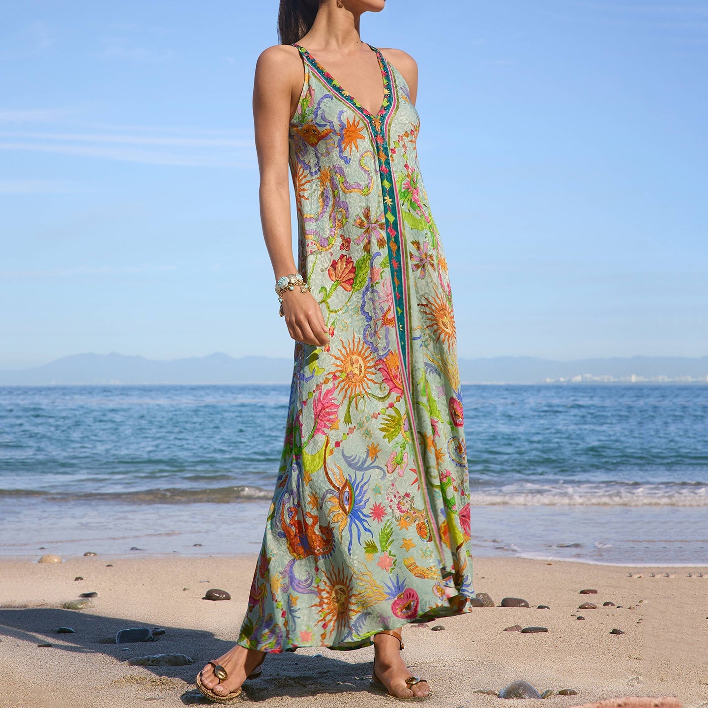 Women's Floral Sun Graphic Holiday Linen Maxi Dress elevenforest