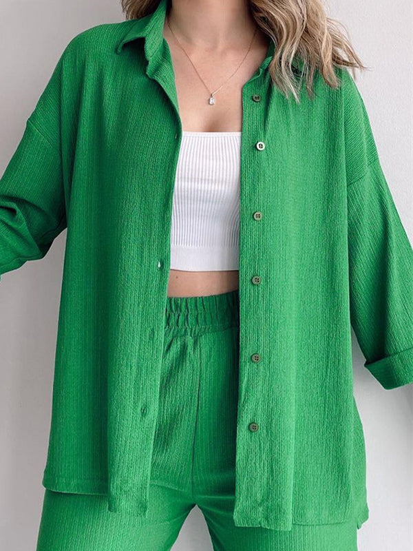 Color High-low Split-side Lapel Blouses + High Waisted Pants Bottom Two Pieces Set