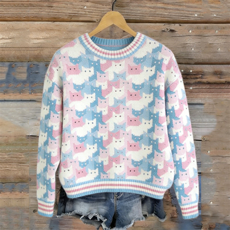 Comstylish Trans Flag Inspired Cats Knit Cozy Sweater
