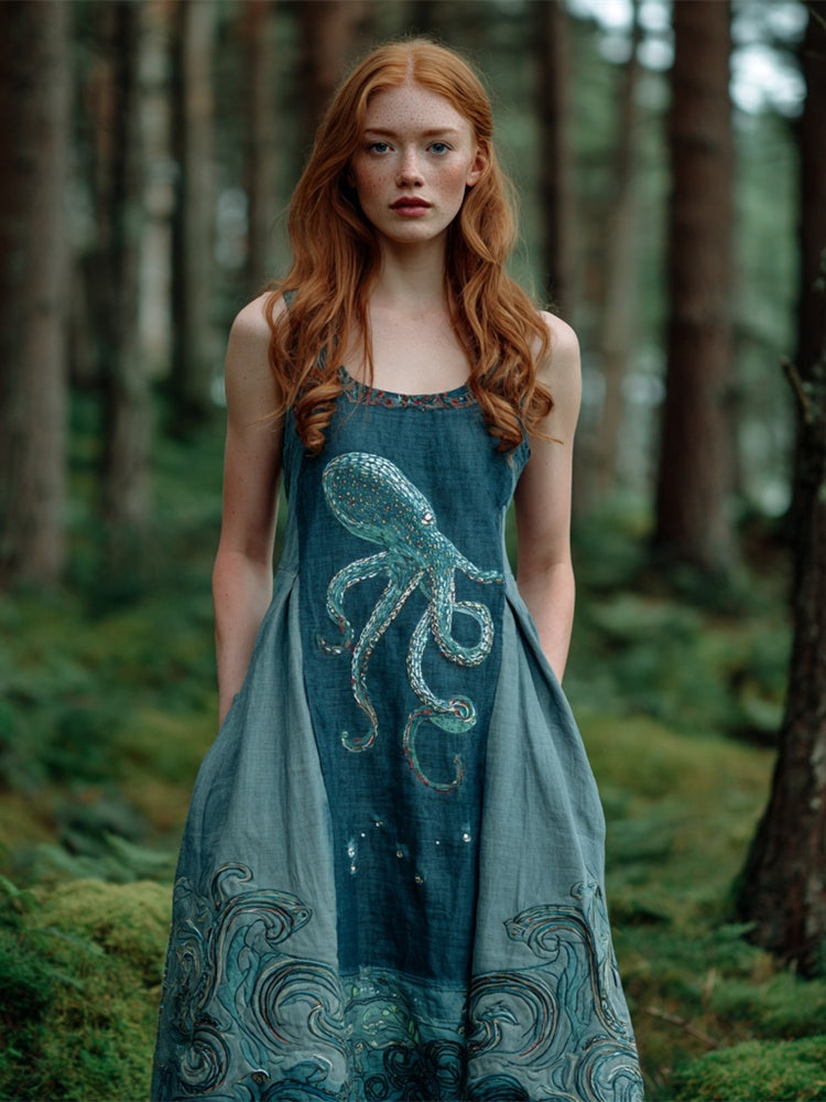 Octopus Sequin Embroidery Vintage Women's Linen Vest Maxi Dress elevenforest