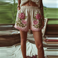 Vintage Pink Roses Embroidered Art Linen Shorts elevenforest