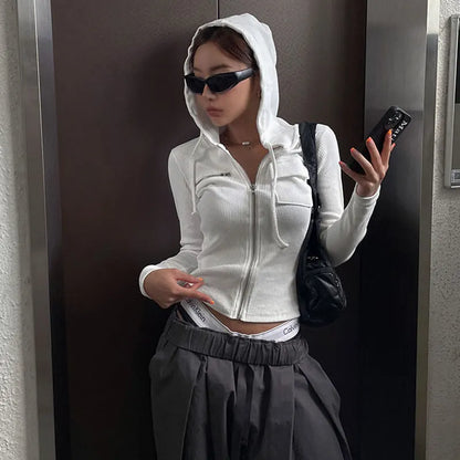 Hooded Zipper Short Jacket Autumn Color Cardigan Slim Fit Slimming Long Sleeves T Shirt Top