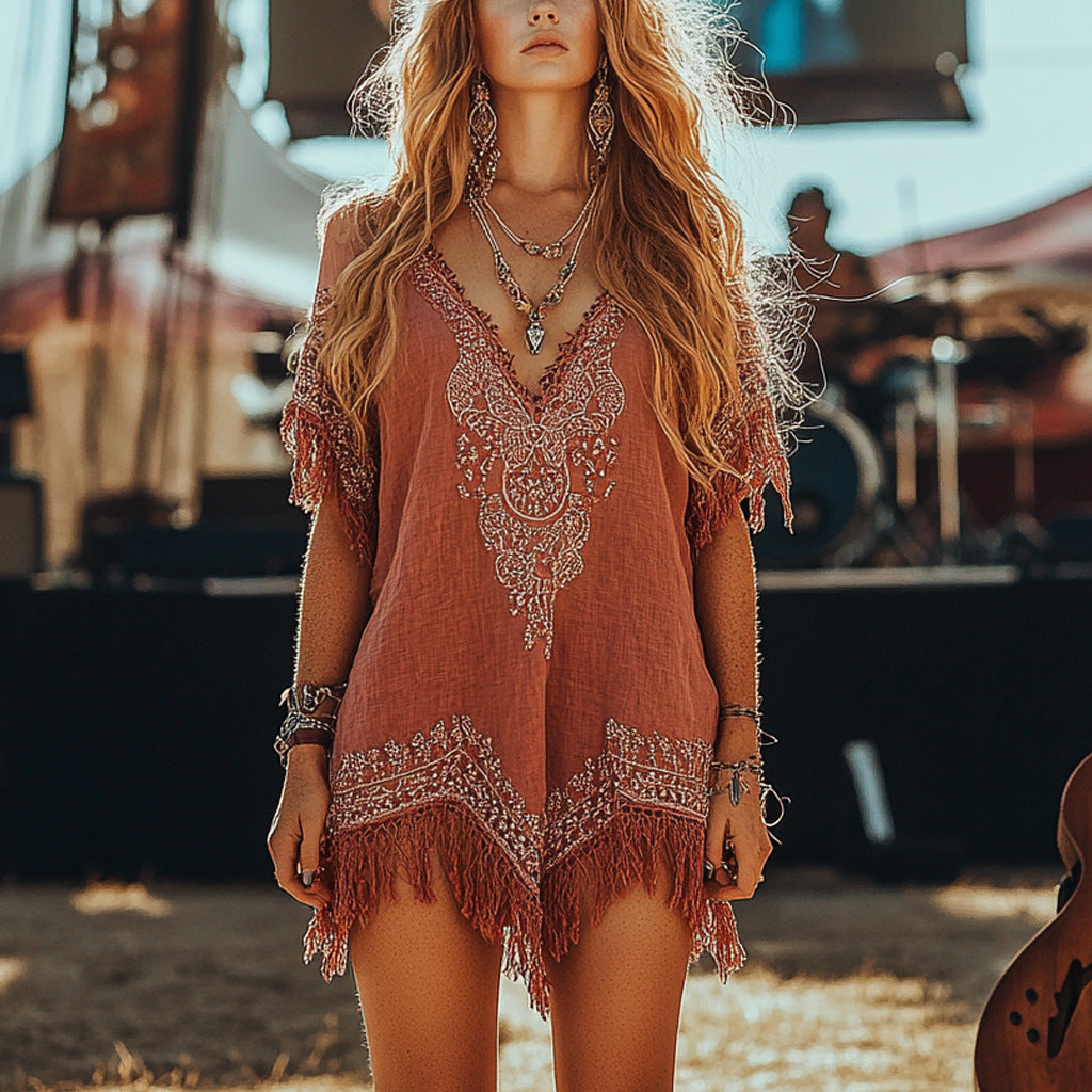 Vintage Western Tassel Trim Comfy Linen Dress elevenforest