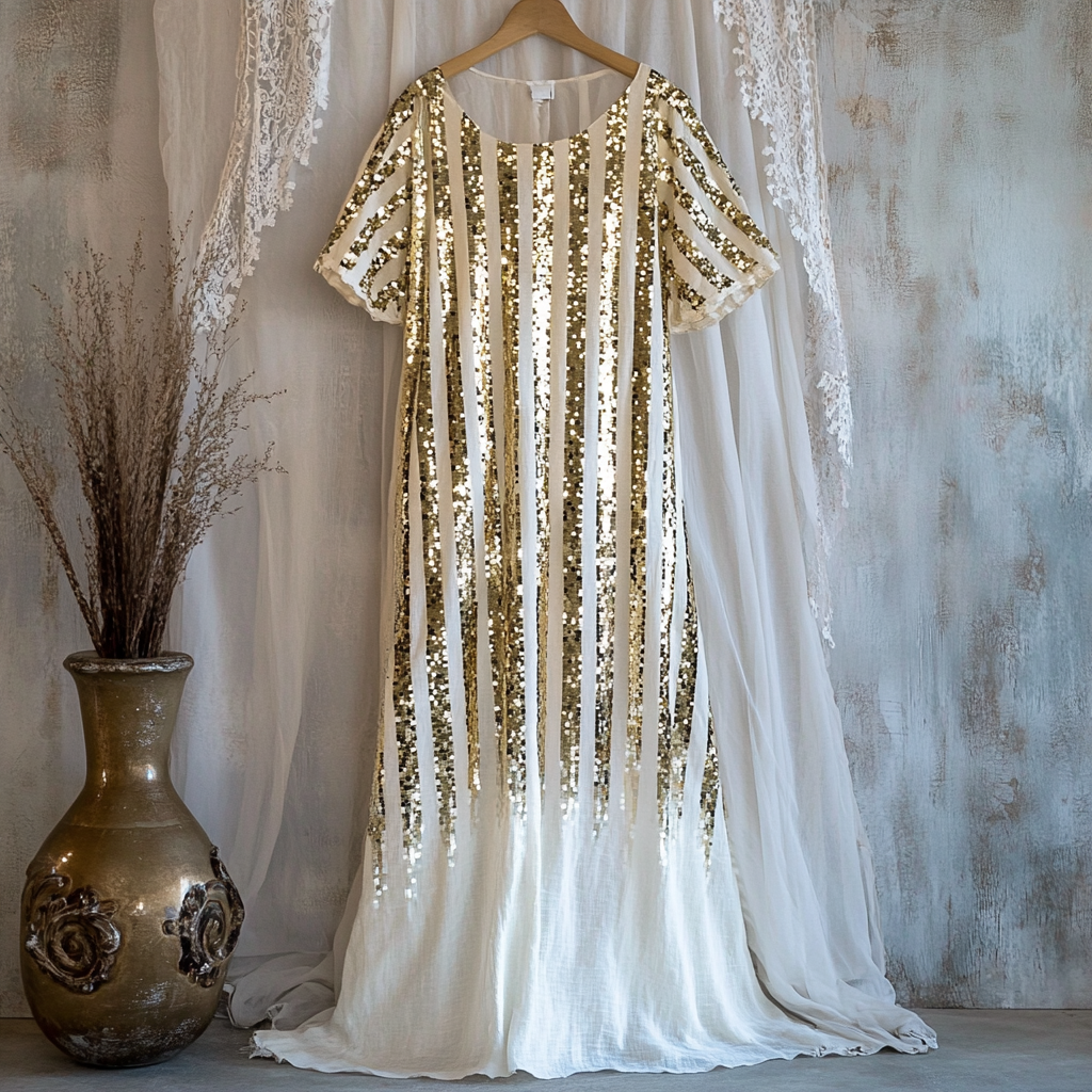 Women's Gold Sequin Striped Casual Linen Dress elevenforest