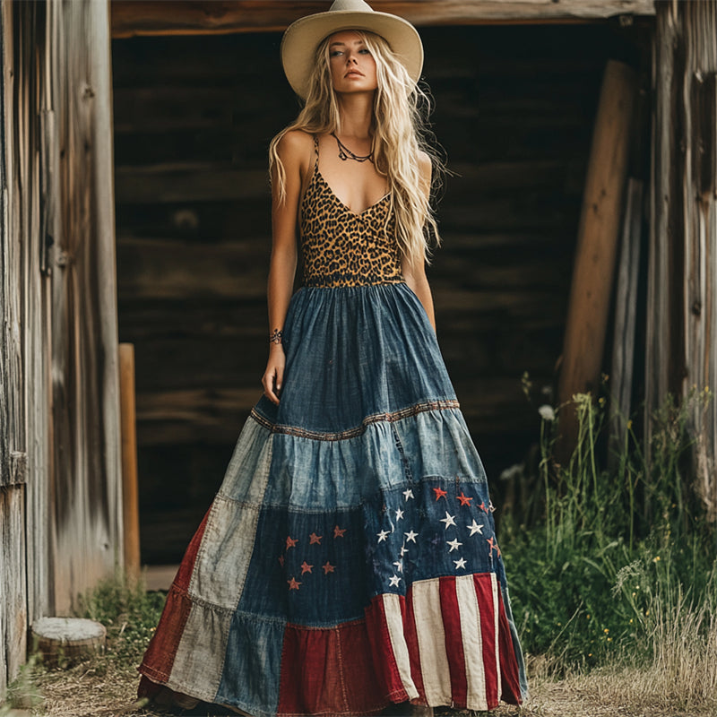 American Flag Leopard Patchwork Cowgirl Cami Maxi Dress elevenforest