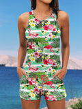 Vintage Flamingo Floral Print Halter Ruffle Ruched Jacquard Tankini Short Set