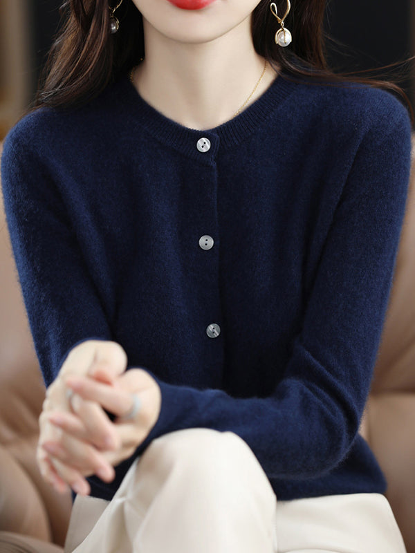 Long Sleeves Buttoned Elasticity Round-neck Cardigan Tops Knitwear