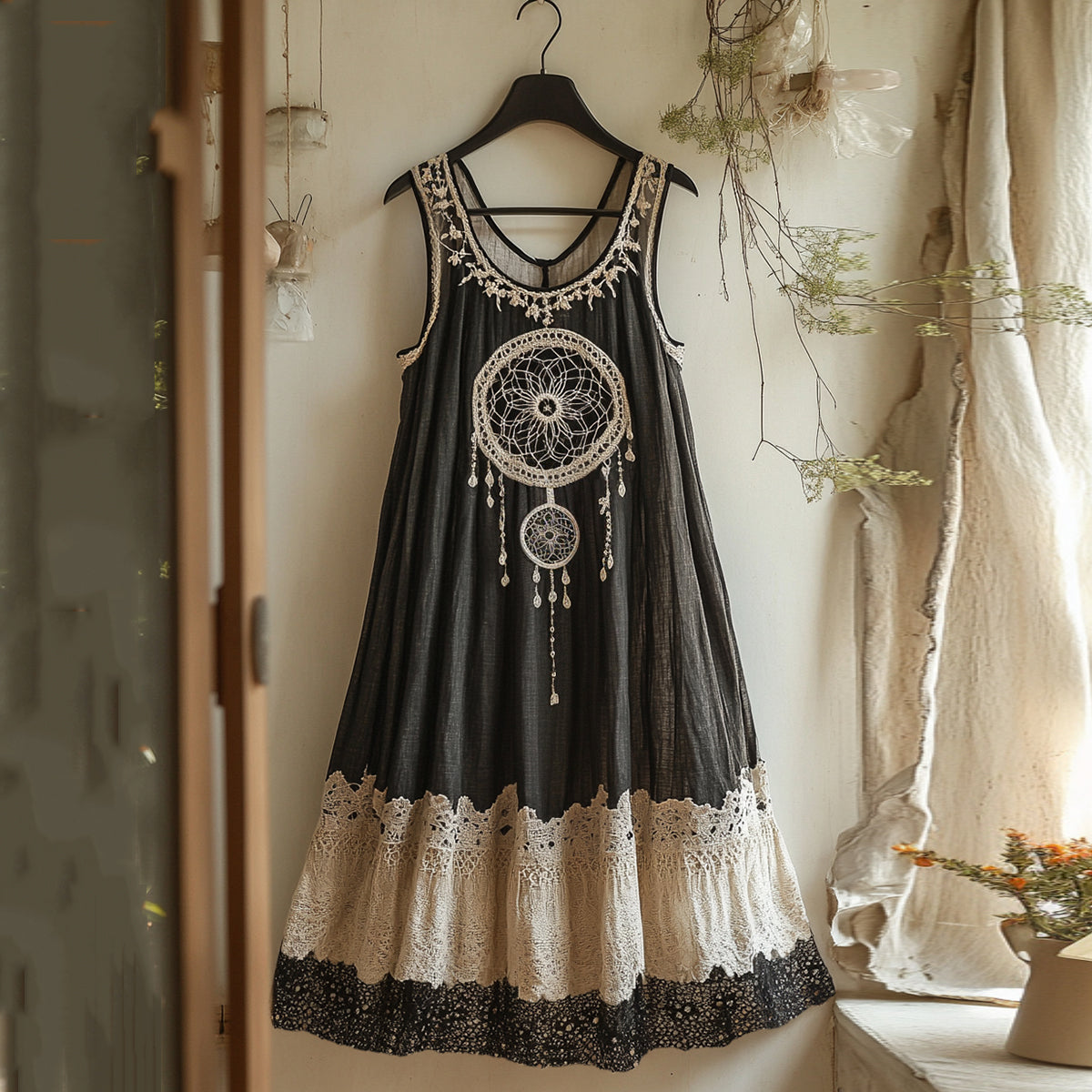Viking Dreamcatcher Embroidered Flowy Linen Tank Dress elevenforest
