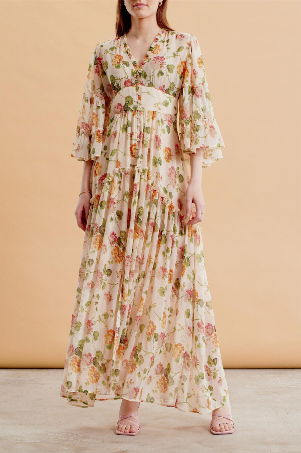 V-neck Mid Sleeve Maxi Dress