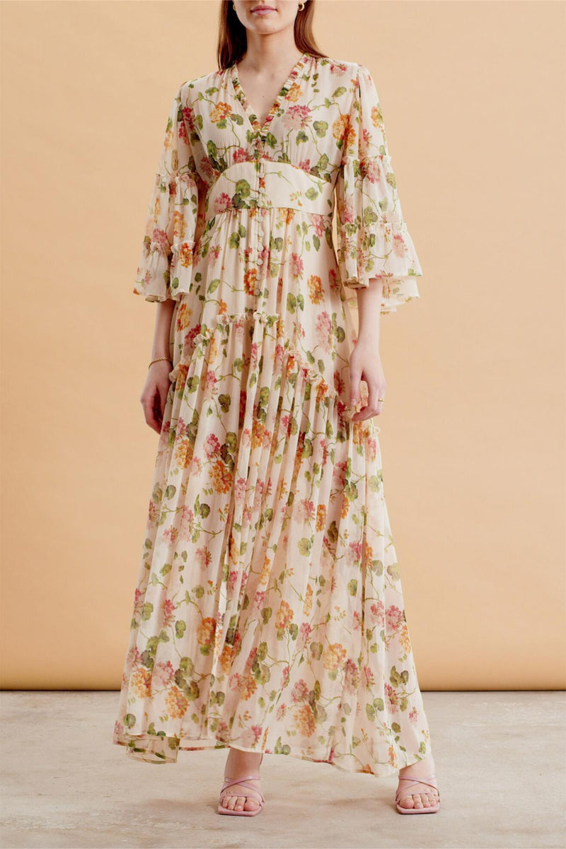 V-neck Mid Sleeve Maxi Dress