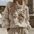 Women's Vintage Pink Rose Art Cozy Knit Turtleneck Sweater elevenforest