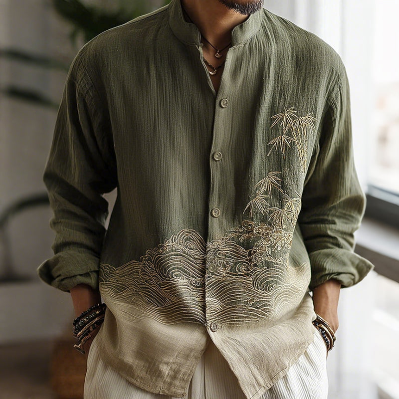 Men's Japanese-style Bamboo Waves Gradient Pattern Linen Blend Shirt elevenforest