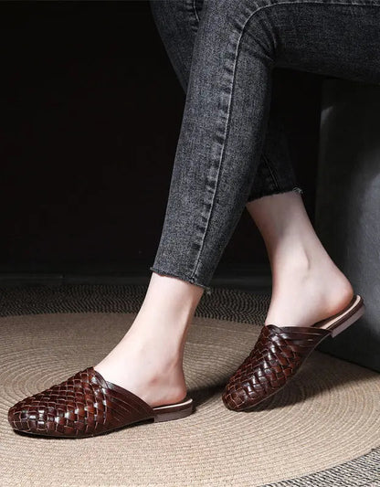 Woven Leather Round Head Slippers